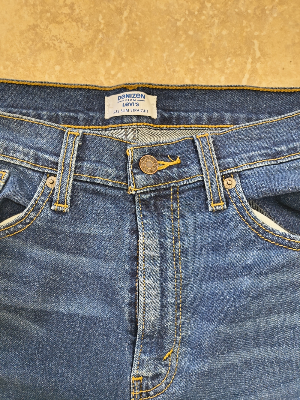 Denizen from Levi's Slim Straight Medium Blue Jeans with Yellow Stitching